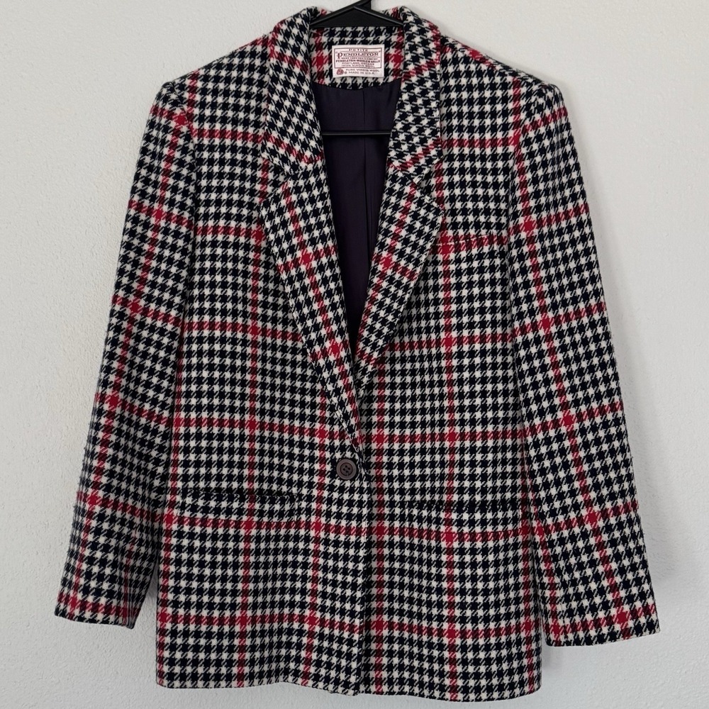Pendleton Women's 6p Hounds Tooth Blazer 100% Virgin Wool Navy Blue And‎ Red